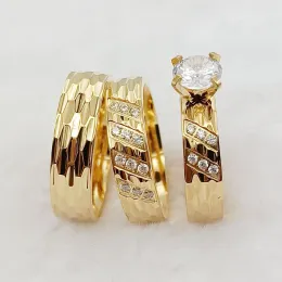 Ringe, Eheringe, Sets für Männer und Frauen, 3-teilig, einzigartiger Designer, gehämmert, 24 Karat vergoldet, Schmuck, cz-Diamant, Verlobungsring für Paare