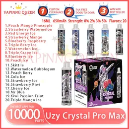 100% Original Uzy Crystal Pro Max 10000 Puff 0% 2% 3% 5% Disponibel Vape Pen med laddningsbart batteriluflödesstyrning Mesh Coil 16 ml Förfylld pod 10K Puffs Big Vapo
