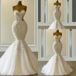 2024 Sexy Vestido De Novia Mermaid Wedding Dresses Formal Bridal Gowns Sweetheart Embroidery Lace Appliques Crystal Beads Luxury Illusion Sweep Train Plus Size