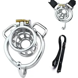 Gaiola de castidade com funil oco, conjunto com anel de pênis, cinto de couro, pequenos dispositivos de gaiola de pau de aço, brinquedos sexuais de bondage bdsm para homens