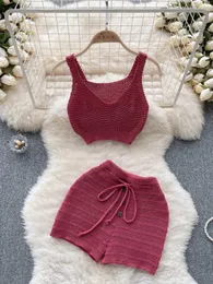 Women's Two Piece Pants Aonibeier Spring Chic Knitted Women Suits Traf Metal Buttons Sleeveless Sweater Vest Halter Crop Top Female Shorts 2 Piece Set 230818