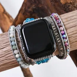 Pulseiras de pedra natural apple watch band contas boho 5 envoltório pulseira de relógio de couro vegan pulso braço banda presente atacado dropship