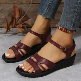 Sandals Fashion For Ladies Bohemian Style Summer Leather Beaded Decorative Buckle Open Toe Thick Sole Lightweight Wedges Shoes