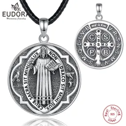 Hängen Eudora Real 925 Sterling Silver Saint Benedict Medal Necklace For Men Women San Benedict Cross Amulet Pendant Religious smycken