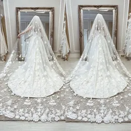 Gorgeous Lace Applique Wedding Veil Cathedral Length One-Layer 3 M Long Bride Veil White Tulle Velo De Novia Elegante