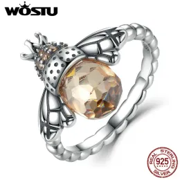 Rings WOSTU Hot Authentic 100% 925 Sterling Silver Queen Bees Yellow CZ Crystal Rings for Women Wedding Jewelry Accessories CQR025