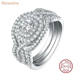 Anelli Newshe Fedi nuziali Set per donna 3 pezzi impilabili Argento sterling 925 Gioielli da sposa di lusso Halo Taglio rotondo AAAAA Zircone cubico