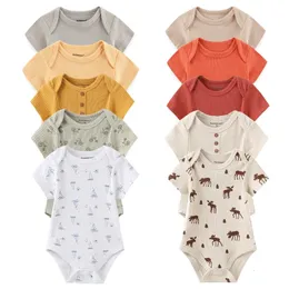Born Bodysuits Unisex 5Pieces Baby Girl Clothes Solid Color Cotton Boy Set Cartoon Print Summer Bebes 240220