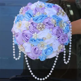 Wedding Flowers JaneVini 2024 Waterfall Pearls Bridal Flower Bouquet High Quality Purple Satin Rose Blue Burgundy Crystal Luxury