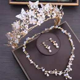 Halsband lyxiga kristallpärlor pärla fjäril dräkt smycken sätter blommor strass choker halsband örhängen tiara bröllop