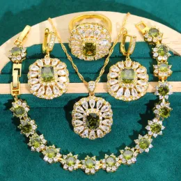 Sets Gold Color Jewelry Sets For Women Wedding Olive Green Zircon Earrings Necklace Pendant Ring Bracelet Friend Dating Gifts