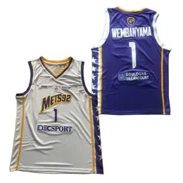 남자 티셔츠 농구 유니폼 Mets 92 1 Wembanyama Jersey 재봉 야외 스포츠 Qurple White Blue 2023 새로운 고품질 J240221