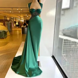 Dubai Falten Grüne Abendkleider Meerjungfrau Sexy Perlen Schatz Formelles Abendkleid Glänzende Arabien Promi-Partykleider