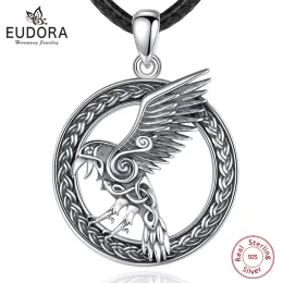 Hängen Eudora 925 Sterling Silver Viking Raven Runes Necklace For Women Man Celtic Knot Crow Amulet Pendant Personality Jewelry Gift