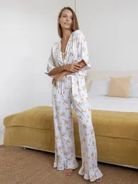 Women's Sleepwear Marthaqiqi Casual Female Suit V-Neck Pajamas Half Sleeve Nightwear Lace Up Nightie Pants Printing Ladies Home Clothes