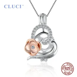 Ciondoli CLUCI Ragazze Romantico Amore Cuore Perla Fiore in oro rosa Fascino Fai da te Puro argento sterling 925 CZ Collana Ciondolo gabbia SC458SB