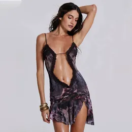 Sexy Print Minikleid Weste Damen Damen Partykleider aushöhlen Rüschen Bandage rückenfrei unregelmäßige Clubwear Mode figurbetont schwarz ärmellos durchscheinend