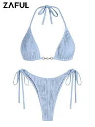 Damen-Bademode ZAFUL Damen-Bikini-Set mit Sling-Textur, Krawatte, seitliche Wange, Streifen-Bademode, Dreieck-Bademode, lange Bein-Bademode, 2023, Strandanzug, J240221