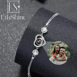 Pulseiras ethshine novo 925 prata esterlina personalizado pulseira foto projeção coração pulseira personalizado pulseiras jóias presente de aniversário