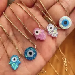Colares 10 unidades lindos colares de olhos azuis joias finas colares de opala coloridos para presentes corrente de caixa 18k colar com pingente de opala de olho de mão