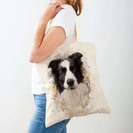 Borse per la spesa Borsa a tracolla in tela da donna con cane da compagnia simpatico cartone animato Borsa a spalla da donna con animali acquerello riutilizzabile ecologica su entrambi i lati