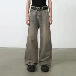 Herr jeans män förlorar avslappnad tvättad gul denim mode märke på baggy byxor manliga streetwear vintage byxor y2k kläder