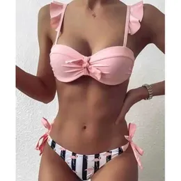 Kadın Mayo Çizgili Dantelli Pileli Pushs Kadınlar için Bandeau Mayo Sütyen Sütü Kupaları Kadınlar Bikini Setleri Yüksek Kesilmiş Mayo J240221