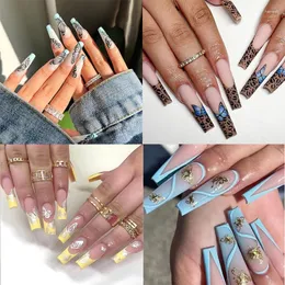 False Nails 24PCS Long French Press On Blue Butterfly Fake Leopard Coffin Ballerrina Stick Nail For Women Girl