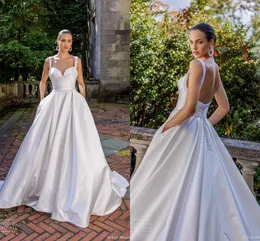Nowy projektant satynowy sukienki ślubne paski spaghetti proste nowoczesne białe suknie ślubne szykowne koraliki seksowne plecy panna młoda kobiety małżeńskie szaty de Mariee cl3311