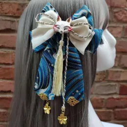 Jewelry Yae Miko Cos Retro Fox Sakura Tassels Cute Big Bowknot Hairpin Headwear Japanese Kimono Haori Lolita Hair Accessories Side Clip