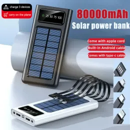 Bank Solar Bank Bank построил кабели 80000 мАч Солнечное зарядное устройство 2 USB -порты Внешнее зарядное устройство Powerbank со светодиодным светом для Xiaomi iPhone