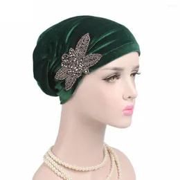 Berets Beads Flor Mulheres Câncer Quimio Veludo Chapéu Muçulmano Beanie Turban Head Wrap Cap