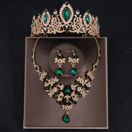 Smycken barock grön kristall brud smycken set parti strass tiaras krona halsband örhänge set för kvinnor brud bröllop smycken set
