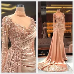 Arabski aso ebi luksusowy syrena seksowne sukienki wieczorowe 2024 Sheer High Secion Długie rękawy z koralikami cekiny satynowe na bal
