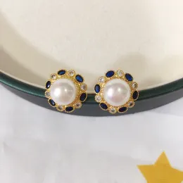 Orecchini ZHBORUINI Orecchini di perle naturali placcati oro 14K Zircone blu Grande perla S925 Orecchini in argento con ago per orecchio per gioielli da donna