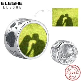 Beads ELESHE 925 Sterling Silver Hollow Feather Round Beads Custom Photo Charm Fit Original Bracelet Personalized DIY Women Jewelry