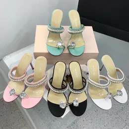 Machmach النسائية لؤلؤة البغال عالية الكعب الكريستال Flip Flops slip-on الجلدية النعال الخارجي من المصممين الفاخرة مصنع الصنادل الأحذية 35-41 مع صندوق