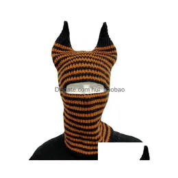 Cycling Caps Masks Cow Horn Knitted Hat Letter Cap Stripe Versatile Headscarf Mtifunctional Fashion Riding Mask Winter Scarf 23111 Dhoza