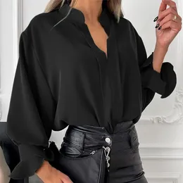 Women's Blouses Female Pullover Tops Autumn V-Neck Stand Collar Petal Cuffs Women Shirt Solid Color Long Sleeve Shopping Blusas