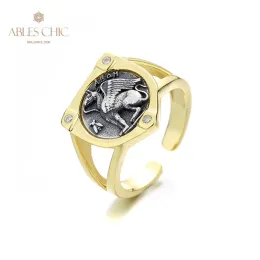 Rings Greek Griffin and Hercules Silver Coin 18K Gold Two Tone Solid 925 Silver Roman Coins Open Vintage Ring R1053