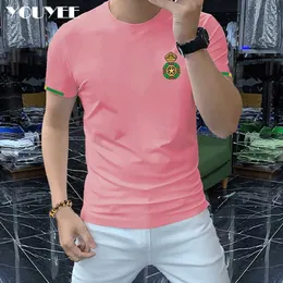 Erkek Tişörtler İşlemeli Erkekler Kısa Kollu T-Shirt Moda Markası O boyun boyun elastik Bobufs Nefes Alabaş Pembe Yüksek Kaliteli Erkek Giyim J240221