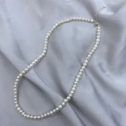 قلادة 4 ملم أبيض عذبة المياه لؤلؤة قلادة S925 Sterling Silver Chain Pearls Beaded Rightsite Collier Perles Perlas Gift