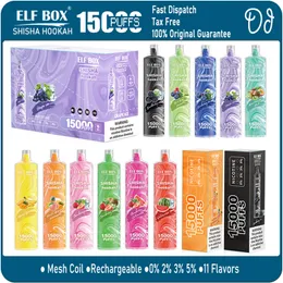 Original Elf Box 15000 Puffs Disposable Vape Shisha Hookah Puff 15k Mesh Coil Rechargeable Pen Bar Vaper 11 Flavors 0% 2% 3% 5%