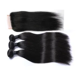 Brazilian Peruvian Hair Weave Natural color With Closure Cheap Unprocessed Straight hair Weft With Lace Closure 4pcs For a Full He8904369