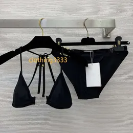 Niche designer swimming suit The C's new sexy slim 3-point retro seaside resort metal accessories tether neck bikini split swimsuit