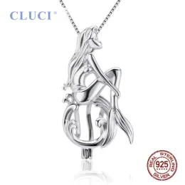 Pendants Cluci 925 Sterling Silver Wish Mermaid على شكل حورية البحر سحر قلادة Women Fairy Tale Silver 925 Pearl Cage Jewelry SC048SB