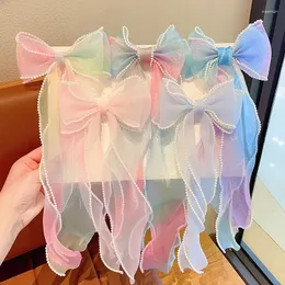 Acessórios de cabelo verão pérola organza grande arco longo clipe de fita para menina crianças bonito kawaii fada princesa hairpin moda