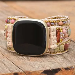 Bracelets Highend Natural Stone Fitbit Versa3 시계 밴드 Boho 3 레이어 왁스 로프 시계 스트랩 비건 시계 밴드 선물 선물 도매