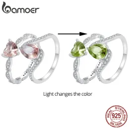 Ringar Bamoer 925 Sterling Silver Color Changeable Heart Stone Finger Ring Trendy Stackbart band för kvinnors engagemang Fin smycken gåva