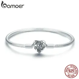 Bangles BAMOER 100% 925 Sterling Silver Spring Tree of Life Heart Shape Clasp Snake Chain Bracelet Sterling Silver Jewelry S925 SCB066